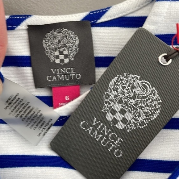 Vince Camuto Dress Women's 6 Blue White Striped Cold Shoulder Midi NWT - Picture 12 of 16